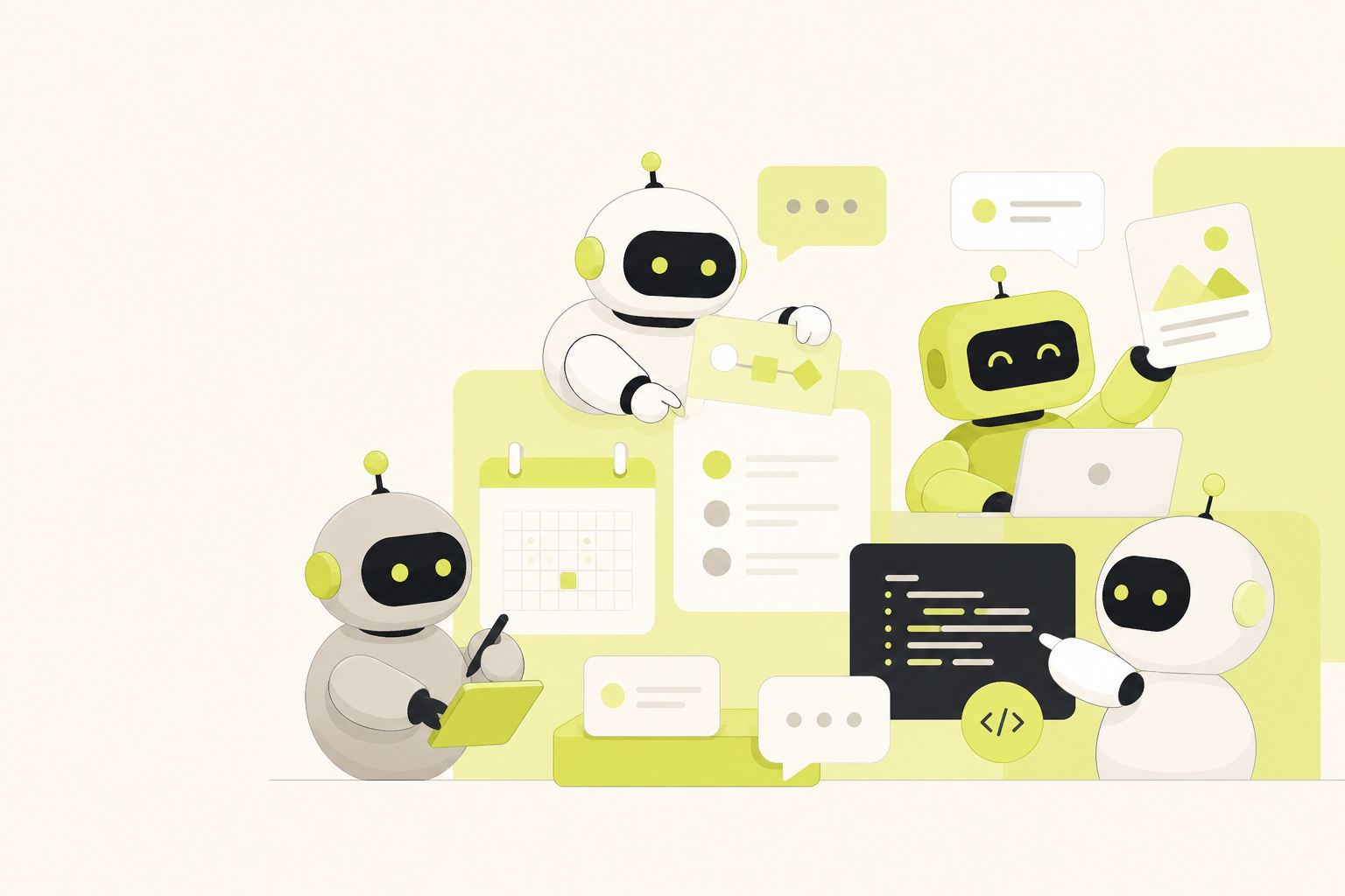 Bots trabajando juntos en briefings, gastos y contenido